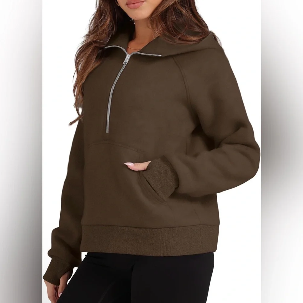 XIEEREDUO | Sweatshirts Half Zip Cropped Pullover Brown Hoodie | Size Large NWOT - Picture 3 of 11